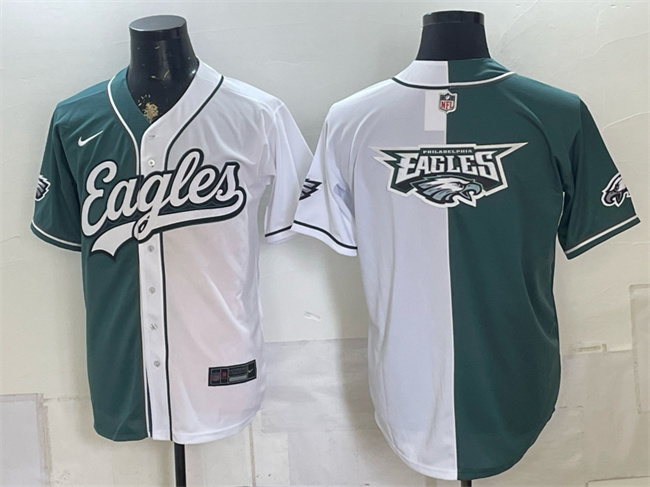 Men's Philadelphia Eagles Team Big Logo Green White Split Stitched Jersey